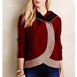 Anthropologie Colorblock Wool Jacket XS Red Hooded Wrap Cardigan Coat